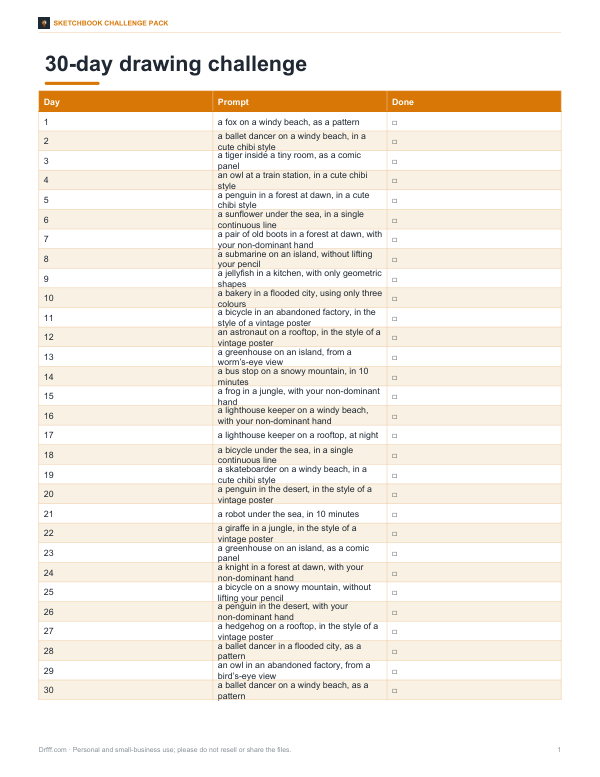 Preview of Printable 30-Day Drawing Challenge